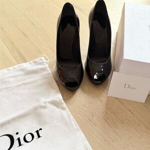 Dior "Miss Dior" Black Patent Leather Heels with Dior shoe bag and Dior box